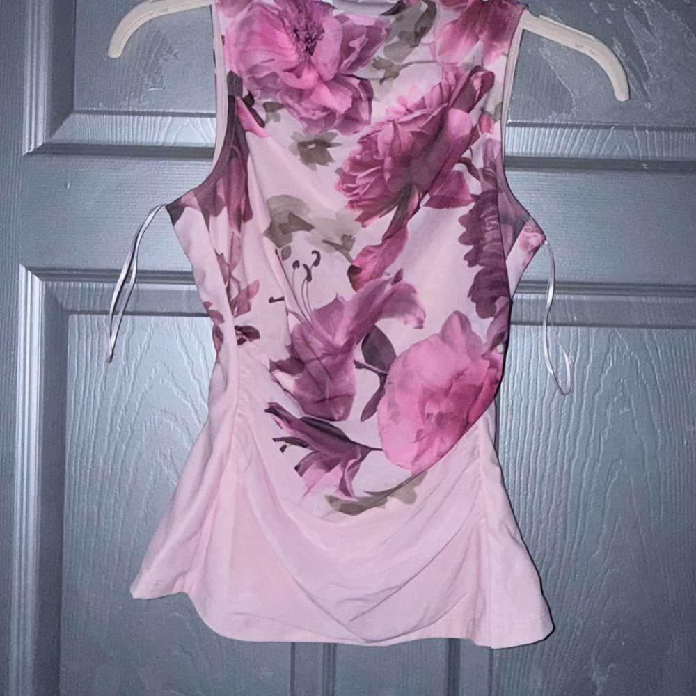 Ted Baker London Floral Mesh Mock Neck Sleeveless Top pink floral print.